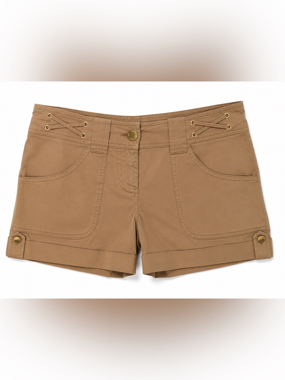 Tory Burch Khaki Lace Up Utility Shorts Size 2 Gold Grommet Cotton Stretch